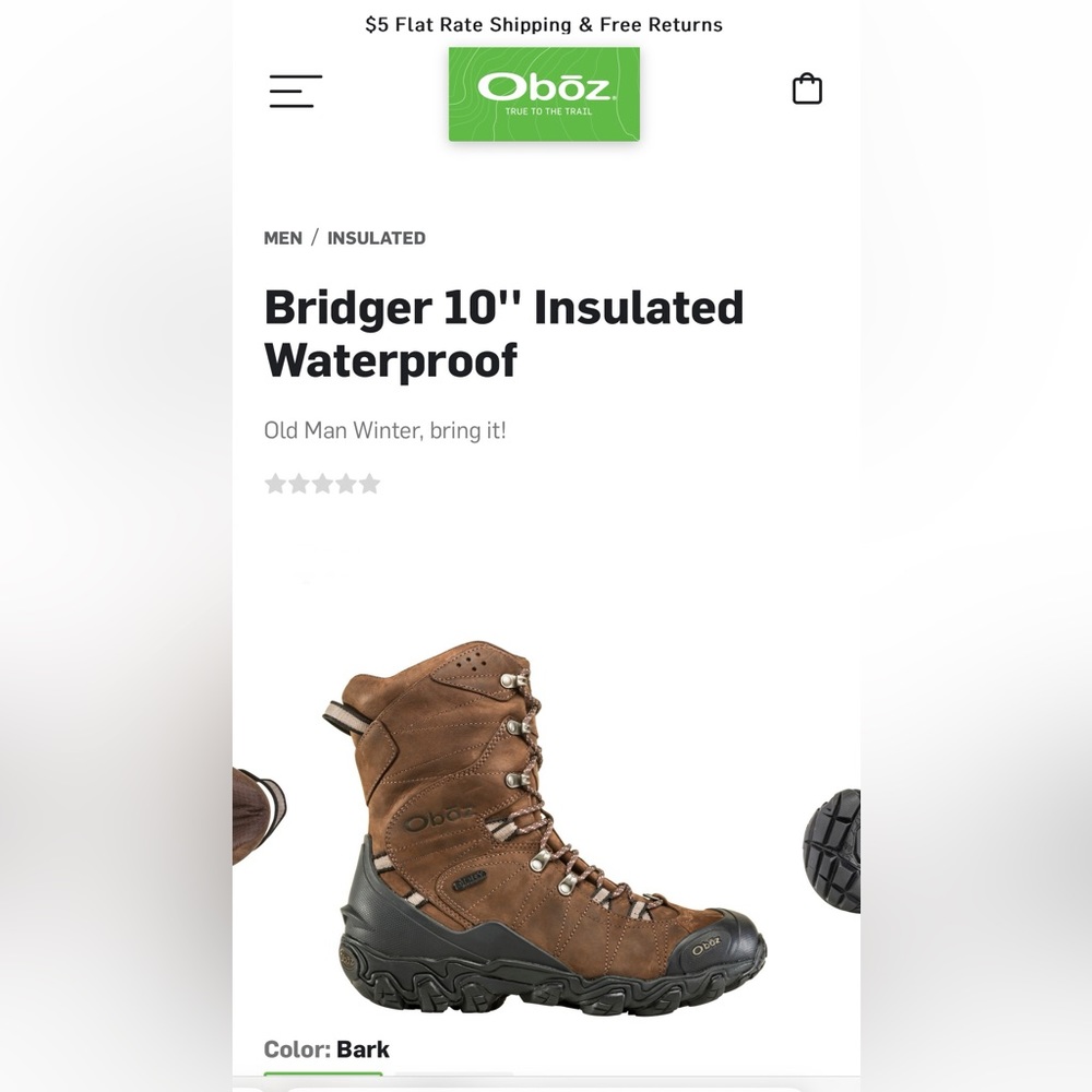 Oboz new in box Mens insulated waterproof 10” boots. Size 10.